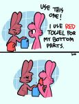  absurd_res anthro disgust english_text hi_res humor lagomorph leporid long_ears male male/male mammal meme rabbit shower_room sniffing sniffing_clothes text the_xing1 towel 