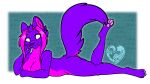  2022 anthro blue_background border breasts claws featureless_breasts felid feline felisrandomis female female_(lore) fur hair hair_strands hi_res looking_at_viewer lying mammal on_front pawpads pink_body pink_fur pink_hair pink_inner_ear pink_pawpads purple_arms purple_body purple_ears purple_fur purple_legs purple_tail raised_leg simple_background solo trpc_(felisrandomis) white_border white_claws white_eyes 