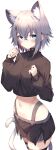  1girl absurdres animal_ear_fluff animal_ears black_choker black_legwear black_shirt black_skirt blue_eyes breasts cat_ears cat_girl cat_tail choker closed_mouth cowboy_shot crop_top expressionless extra_ears hands_up highleg highres jun_(aousa0328) long_sleeves looking_at_viewer medium_breasts midriff miniskirt navel original shirt short_hair simple_background skirt solo standing stomach tail thighhighs white_background white_hair zettai_ryouiki 