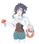  1boy androgynous apple basket black_hair corset food frilled_shirt frilled_sleeves frills fruit genshin_impact gradient_hair green_eyes green_hair green_shorts highres holding holding_basket holding_food holding_fruit lilyglazed looking_at_viewer male_focus multicolored_hair pantyhose parted_lips shirt short_hair_with_long_locks shorts smile standing venti_(genshin_impact) white_background white_legwear white_shirt 