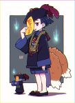  1girl animal_ears black_footwear black_headwear black_jacket black_shorts blue_fire blue_hair blush closed_mouth colored_shadow commentary_request fire fox_ears fox_girl fox_tail hand_up hat hitodama jacket jiangshi_costume kitsune kukuri_(mawaru) long_sleeves looking_at_viewer mawaru_(mawaru) ofuda original outstretched_arms purple_eyes qing_guanmao shadow shoes shorts sleeves_past_wrists standing tail tongue tongue_out wide_sleeves zombie_pose 