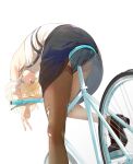  1girl armpits bicycle black_footwear black_skirt blonde_hair blue_eyes breasts brown_legwear closed_mouth commentary crossed_arms earrings foot_out_of_frame from_below gorohneru ground_vehicle hair_ornament heart heart_earrings hololive hololive_english jewelry looking_at_viewer medium_breasts medium_hair miniskirt official_alternate_costume riding_bicycle shirt shirt_tucked_in shoes simple_background single_thighhigh sitting skirt smile solo strap thighhighs torn_clothes torn_legwear upskirt v virtual_youtuber watson_amelia white_background white_shirt 