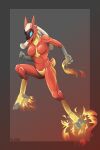  2022 absurd_res action_pose anthro blaziken blue_eyes breasts dated digital_media_(artwork) female fire glistening glistening_body hi_res hybrid jumping miramore nintendo nude open_mouth pok&eacute;mon pok&eacute;mon_(species) pose red_body signature simple_background solo synth_(vader-san) video_games visor 