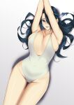  1girl arms_up azuma_fubuki blue_eyes blue_hair blueorca breast_squeeze breasts commentary_request covered_navel from_above groin hair_over_one_eye highres large_breasts long_hair looking_at_viewer lying mato_seihei_no_slave on_back one-piece_swimsuit parted_lips solo swimsuit teeth thighs upper_teeth wavy_hair white_swimsuit 