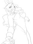  2019 anthro bare_shoulders biped black_and_white bow_tie breasts buckteeth clothed clothing cuffs_(clothing) digital_media_(artwork) female fur hair hand_holding kemono lagomorph legs_together leotard leporid line_art long_ears long_hair mammal medium_breasts monochrome one_eye_closed open_mouth open_smile rabbit shirt_collar simple_background smile solo_focus teeth teteteko white_background 