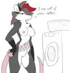  2021 anthro appliance areola artbyyellowdog bent_arm biped breasts brown_hair casual_nudity cleft_of_venus didelphid digital_media_(artwork) english_text female fur genitals grey_body grey_fur hair hi_res looking_at_viewer mammal marsupial multicolored_body multicolored_fur multicolored_hair nipples nude pink_areola pussy red_hair simple_background solo standing text tiff_(capaoculta) two_tone_body two_tone_fur two_tone_hair washing_machine white_background white_body white_fur 