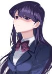  1girl bow bowtie breasts closed_mouth disgust eyebrows_visible_through_hair eyes_visible_through_hair highres komi-san_wa_komyushou_desu komi_shouko large_breasts lips long_hair looking_at_viewer necktie purple_eyes purple_hair school_uniform shaded_face simple_background solo straight_hair taiga_(ryukyu-6102-8) upper_body white_background 