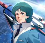  1boy alternate_form blue_eyes blue_hair commentary dark_green_hair earth_(planet) gundam kamille_bidan male_focus mecha military military_uniform mobile_suit pilot_suit planet science_fiction short_hair taro_(ultrataro) thrusters uniform upper_body zeta_gundam zeta_gundam_(mobile_suit) 