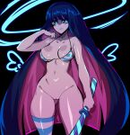  1girl adjusting_hair ass_visible_through_thighs backlighting bangs bare_shoulders bikini bikini_top_only blue_eyes blue_hair blue_legwear blunt_bangs bright_pupils closed_mouth collarbone eyelashes fake_halo fake_wings glowing halo highres holding holding_sword holding_weapon jun-kou katana long_eyelashes long_hair low_wings mini_wings multicolored_clothes multicolored_hair multicolored_legwear navel panty_&amp;_stocking_with_garterbelt pink_lips purple_hair pussy shiny shiny_clothes shiny_skin single_thighhigh skindentation solo stocking_(psg) striped striped_bikini striped_legwear swimsuit sword thighhighs two-tone_hair very_long_hair weapon white_legwear white_pupils wings 