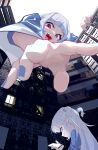  2girls :d blue_hair blue_nails cellphone dual_persona gawr_gura giant giantess highres hololive hololive_english long_hair multiple_girls phone red_eyes sexmiss sharp_teeth simple_background smartphone smile teeth two_side_up virtual_youtuber white_background white_hair 