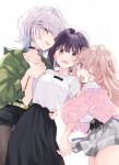  3girls :d ;d arm_around_waist arm_hug bangs belt beni_shake black_choker black_hair black_shorts black_skirt blush bob_cut breasts brown_eyes brown_hair cardigan choker cover_image cowboy_shot dengeki_bunko eyebrows_visible_through_hair girl_sandwich green_jacket grey_skirt hair_ornament hairclip highres holding_hands interlocked_fingers jacket long_hair long_sleeves looking_at_viewer medium_breasts miniskirt multiple_girls novel_illustration official_art one_eye_closed open_mouth pink_cardigan plaid plaid_skirt purple_eyes sandwiched second-party_source shirt shirt_tucked_in short_hair short_shorts shorts simple_background skirt smile textless_version white_background white_hair white_shirt yellow_eyes yuri_ni_hasamareteru_onna_tte_tsumi_desu_ka? 