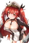  1girl azur_lane bangs black_cape blunt_bangs blush breasts cape cleavage covered_navel dress elbow_gloves eyebrows_visible_through_hair gloves hands_on_hips hat highres honolulu_(azur_lane) karefu large_breasts leaning_forward long_hair looking_at_viewer pout red_eyes red_hair short_dress simple_background solo twintails white_background white_gloves white_headwear 