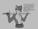  anthro arcthoudor_of_dunsmuir_(duster) canid canine dialogue fox hi_res madmanransom male mammal melee_weapon shirtless shirtless_male smug solo sword weapon 
