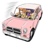  1boy 1girl arm_support bad_id bad_twitter_id car champion_uniform coat driving dynamax_band facial_hair ground_vehicle hair_ornament heart heart_hair_ornament leon_(pokemon) motor_vehicle orange_hair pokemon pokemon_(game) pokemon_swsh purple_hair rnehrdyd1212 seatbelt shirt side_ponytail sonia_(pokemon) striped striped_shirt sunglasses tinted_eyewear yamper yellow-tinted_eyewear 