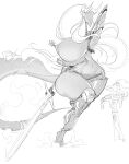 2022 absurd_res anthro armor barsfrommars big_breasts bottomwear bovid breasts caprine clothing curvy_figure cybernetics cyborg dialogue digital_media_(artwork) duo english_text female goat greyscale hair hand_behind_head hi_res hourglass_figure huge_breasts huge_hips huge_thighs knee_pads long_hair long_neck looking_at_another machine male mammal melee_weapon monochrome mori_(umbra_saeculi) nipple_piercing nipples panties piercing protogen restraints slim small_waist stocks sword text thick_tail thick_thighs underwear voluptuous weapon wide_hips 