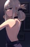  1girl an-94_(girls&#039;_frontline) an-94_(silent_rouge)_(girls&#039;_frontline) bangs bare_back bare_shoulders black_dress black_gloves blonde_hair blue_eyes breasts closed_mouth dress earrings eyebrows_visible_through_hair from_side girls&#039;_frontline gloves hair_ornament hairclip hand_in_own_hair highres hinami047 jewelry lips long_hair looking_at_viewer official_alternate_costume picture_(object) sideboob simple_background small_breasts solo standing upper_body 