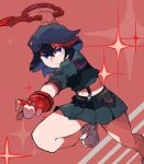  1girl absurdres asymmetrical_gloves bare_legs black_eyes black_hair black_sailor_collar black_serafuku black_shirt black_skirt collared_shirt english_commentary fighting_stance frown gloves hair_between_eyes highres holding holding_sword holding_weapon kill_la_kill matoi_ryuuko midriff miniskirt multicolored_hair navel pleated_skirt red_background red_gloves red_hair rising_(risingacetrainer) sailor_collar sailor_shirt school_uniform scissor_blade senketsu serafuku shaded_face shirt shoes short_hair single_glove skirt solo sparkle sparkle_background stomach suspender_skirt suspenders sword weapon white_footwear 