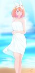  1girl ;d absurdres bangs bare_arms bare_shoulders beach blue_eyes blue_sky blurry blurry_background blush breasts cloud cloudy_sky commentary_request depth_of_field dress eyebrows_behind_hair feet_out_of_frame go-toubun_no_hanayome hair_ribbon highres kujou_karasuma medium_breasts multicolored_hair nakano_yotsuba ocean one_eye_closed orange_hair outdoors purple_hair ribbon sand signature sky sleeveless sleeveless_dress smile solo standing teeth two-tone_hair upper_teeth water white_dress white_ribbon 