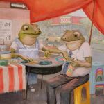  2021 amphibian anthro bottomwear car chair clothing detailed_background duo female food frog furniture hi_res humanoid_hands joaquincarre male outside oxxo pants shirt sitting slightly_chubby spanish_text taco text topwear vehicle 