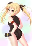  1girl absurdres ass black_leotard blonde_hair blush bow cowboy_shot fate_testarossa from_behind gloves hair_bow highres leotard long_hair looking_at_viewer looking_back lyrical_nanoha mahou_shoujo_lyrical_nanoha open_mouth red_eyes smile solo standing twintails yukimaru_(yukimaru_0721) 