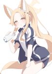  1girl absurdres alternate_costume alternate_hairstyle animal_ears blonde_hair blue_archive blush buruma fox_ears halo heavy_breathing highres ponytail seia_(blue_archive) simple_background solo sweat thighhighs utyuueituu white_background yellow_eyes 