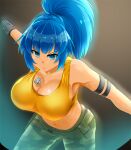  1girl armlet bare_shoulders blue_eyes blue_hair breasts camouflage cleavage dog_tags gloves honda_takaharu large_breasts leona_heidern ponytail shiny shiny_hair sleeveless solo tank_top the_king_of_fighters the_king_of_fighters_xiv the_king_of_fighters_xv yellow_tank_top 