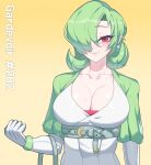  1girl breasts character_name cleavage closed_mouth collarbone commentary_request dress drunkoak eyebrows_visible_through_hair gardevoir gloves gradient gradient_background green_belt hair_between_eyes hair_over_one_eye highres korean_commentary large_breasts looking_at_viewer mole mole_on_breast mole_on_neck mole_under_eye personification pokemon red_eyes smile solo upper_body white_dress white_gloves yellow_background 