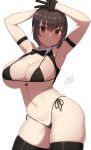  1girl arm_strap arms_up artist_name bangs bikini black_bikini black_bow black_gloves black_legwear blush bow breasts brown_hair cowboy_shot detached_sleeves eyebrows_visible_through_hair gloves half_gloves highres large_breasts micro_bikini navel original red_eyes samegami side-tie_bikini signature simple_background skindentation smile solo stomach swimsuit thick_thighs thighhighs thighs v white_background 