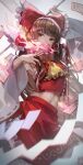  1girl ascot bangs bow brown_hair covering_mouth cowboy_shot detached_sleeves frilled_bow frills gohei hair_bow hair_tubes hakurei_reimu highres holding kyusoukyu long_hair looking_at_viewer midriff navel ofuda red_bow red_shirt red_skirt ribbon-trimmed_sleeves ribbon_trim shirt sidelocks skirt skirt_set solo stomach touhou wide_sleeves 