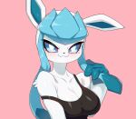  2022 anthro black_clothing black_topwear blue_body blue_ears blue_sclera breasts cleavage clothed clothing collarbone drunk_oak eeveelution female fur glaceon light_body light_fur looking_at_viewer nintendo pok&eacute;mon pok&eacute;mon_(species) solo teeth topwear video_games 