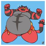  4_fingers anthro belly big_belly black_stripes blue_background claws eyebrows fingers fist flexing fur green_eyes grey_belly grey_chest hi_res incineroar looking_at_viewer male markings musclegut muscular muscular_anthro muscular_male narrowed_eyes nintendo overweight overweight_anthro overweight_male pecs pok&eacute;mon pok&eacute;mon_(species) red_body red_fur red_nose simple_background solo sparkles striped_markings striped_tail stripes tail_markings teeth thick_thighs thigh_up v1sage video_games yellow_sclera 