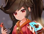  1girl ashley_(warioware) bangs big_hair black_hair controller expressionless eyebrows_visible_through_hair grey_background highres hirotaka_(hrtk990203) holding holding_controller joy-con long_hair long_sleeves looking_at_viewer red_eyes red_shirt shirt skull_ornament solo swept_bangs upper_body warioware 