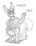  2022 acorn anthro arcan_(character) bottomless clothed clothing dialogue english_text flinters fluffy fluffy_tail food fruit hat headgear headwear hi_res male mammal nut_(fruit) open_mouth plant pouch_(anatomy) rodent sciurid solo text tree_squirrel 