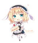  1girl :d animal_ears apron bangs bitter_crown black_hairband black_skirt blonde_hair blue_eyes blush cake cake_slice center_frills character_name chibi collared_shirt eyebrows_visible_through_hair fake_animal_ears fleur_de_lapin_uniform floppy_ears food frilled_apron frilled_skirt frills fruit full_body gochuumon_wa_usagi_desu_ka? hairband heart holding holding_food kirima_syaro looking_at_viewer rabbit_ears shirt simple_background skirt smile solo standing standing_on_one_leg strawberry thighhighs uniform waist_apron waitress white_apron white_background white_legwear white_shirt 