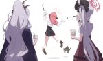  3girls arms_up aru_(blue_archive) black_cat blue_archive blurry bracelet bubble_tea cat coat coat_on_shoulders commentary_request cup demon_girl demon_horns depth_of_field disposable_cup drinking_straw firing from_behind grey_hair hair_ornament hair_scrunchie halo hennnachoco high_heels hina_(blue_archive) holding holding_cup holding_drinking_straw horns jewelry jumping long_hair long_sleeves multiple_girls mutsuki_(blue_archive) pink_hair prank school_uniform scrunchie short_sleeves sidelocks simple_background surprised sweat very_long_hair white_background 