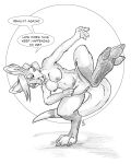  2022 alternate_species anthro breasts claws crossgender dialogue english_text female flinters fur genitals greyscale hair hi_res kangaroo macropod mammal marsupial monochrome nipples nude pawpads pouch_(anatomy) pussy solo text toe_claws 