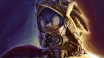  1boy absurdres armor artist_name blue_fur caliburn_(sonic) cape gauntlets helmet highres lazerpotaters light light_rays looking_to_the_side male_focus pointy_nose red_eyes serious shiny signature solo sonic_(series) sonic_and_the_black_knight sonic_the_hedgehog spiked_hair sword weapon 