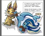  5:4 bdsm bondage bound cute_expression eeveelution english_text female feral hi_res jolteon kidnapping legs_tied male nintendo pok&eacute;mon pok&eacute;mon_(species) rope snow-shy text vaporeon video_games 