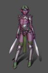  2:3 armor balls barely_visible_balls barely_visible_genitalia boobsgames bottomwear clothing dark_elf dual_wielding elf genitals girly glowing glowing_eyes green_hair hair hi_res holding_object holding_weapon humanoid humanoid_pointy_ears loincloth male melee_weapon nipples not_furry purple_body purple_skin solo sword unconvincing_armor weapon 