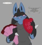  &lt;3 2021 anthro black_body black_fur black_hair blue_body blue_fur blush canid canine clothing dart_(dewwydarts) dewwydarts dialogue flower fur gloves_(marking) grey_clothing grey_shirt grey_topwear hair hi_res holding_object holidays lucario male mammal markings multicolored_body multicolored_fur nintendo plant pok&eacute;mon pok&eacute;mon_(species) rose_(flower) shirt simple_background simple_eyes solo spikes spikes_(anatomy) topwear two_tone_body two_tone_fur valentine&#039;s_day video_games 
