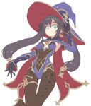  1girl bodysuit cape closed_mouth clothes covered genshin_impact hat headwear_request mona_(genshin_impact) navel ornament satou_kibi solo standing twintails under witch 