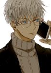  1boy bangs blue_eyes cellphone closed_mouth colored_eyelashes commentary_request eyelashes glasses gojou_satoru holding holding_phone jacket jujutsu_kaisen long_sleeves male_focus nori20170709 phone short_hair simple_background smartphone solo sweater turtleneck turtleneck_sweater white_background white_hair white_sweater 