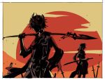  2boys border from_side genshin_impact holding holding_polearm holding_sword holding_weapon jacket japanese_clothes kaedehara_kazuha male_focus mask mask_on_head multiple_boys over_shoulder pants parody planted planted_sword polearm ponytail profile samurai_champloo scarf sketch spear sword tartaglia_(genshin_impact) trkz_tmwk weapon weapon_over_shoulder 