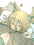  1boy 1girl animal_ear_fluff animal_ears blonde_hair blurry blush commentary depth_of_field double_fox_shadow_puppet fingernails fox_ears fox_shadow_puppet fox_tail from_above green_nails hair_between_eyes half-closed_eyes heart highres jewelry kudamaki_tsukasa long_fingernails looking_at_viewer nail_polish nekobatake pink_nails pov red_nails ring solo_focus tail touhou under_covers yellow_eyes 
