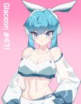 1girl bare_shoulders blue_eyes blue_gloves blue_hair breasts cleavage collarbone commentary_request detached_sleeves drunkoak eyebrows_visible_through_hair glaceon gloves gradient gradient_background hairband hand_on_hip highres korean_commentary looking_at_viewer medium_breasts midriff navel parted_lips personification pink_background pokemon see-through see-through_sleeves solo stomach upper_body white_hairband white_sleeves 
