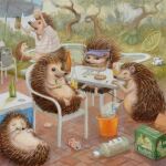  2022 alcohol ambiguous_gender beer beverage biped bottle clothing detailed_background eulipotyphlan eyes_closed feral group hedgehog hi_res joaquincarre mammal outside shirt sitting slightly_chubby smoking swimming_pool topwear 