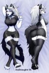  anthro big_breasts black_body black_fur bottomwear breasts butt canid canine canis claws clothing dakimakura_design demon ear_piercing female fur goth grey_body grey_fur grey_hair hair hazbin_hotel helluva_boss hi_res legwear looking_at_viewer loona_(helluva_boss) malivaughn mammal pawpads paws piercing pillow shorts solo stockings thick_tail thick_thighs wide_hips wolf 