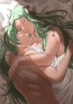  1boy 1girl absurdres breasts byleth_(fire_emblem) byleth_(fire_emblem)_(male) closed_eyes couple cuddling dress fire_emblem fire_emblem:_three_houses flower green_hair hair_flower hair_ornament highres large_breasts long_hair lying md5_mismatch messy_hair morning on_side resolution_mismatch rhea_(fire_emblem) rinku_bny sleeping source_smaller topless_male white_dress 