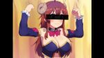  1girl ahoge blue_collar blue_sleeves blush bow bowtie breasts brown_eyes brown_hair censored cleavage closed_mouth collar commentary_request curled_horns demon_girl demon_horns detached_collar detached_sleeves eyebrows_visible_through_hair flexing fuka_(kantoku) highres horns identity_censor large_breasts long_hair machikado_mazoku manatsu_no_yo_no_inmu pillarboxed pose red_bow red_bowtie solo translation_request upper_body wavy_mouth yoshida_yuuko_(machikado_mazoku) 