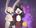  animal_crossing anthro bob_(animal_crossing) cait_sith_(ff7) cape chunknudies clothing crown dialogue felid feline group headgear headwear hi_res lagomorph leporid male mammal max_(sam_and_max) nintendo rabbit sam_and_max trio video_games 